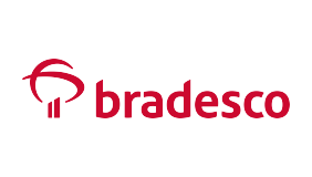 Logotipo do Bradesco, um dos principais bancos do Brasil, destacado em vermelho sobre fundo branco.