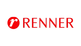 Logotipo da Renner, uma popular rede de lojas de roupas no Brasil, destacando o nome em vermelho sobre fundo branco.