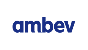 Logotipo da Ambev em azul, representando a marca de bebidas e cervejas brasileira.