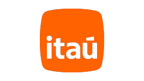 Logotipo do Itaú, um banco brasileiro, com fundo laranja e texto cinza representando a marca.