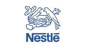 Logotipo da Nestlé, com um ninho e pássaros, representando a marca de alimentos e bebidas.